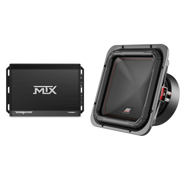 MTX TERMINATOR 500-Watt RMS 2 Mono Block Class D Amplifier and MTX Audio S6510-44 S65-Series Square 10" 500W RMS Dual 4-Ohm Subwoofer