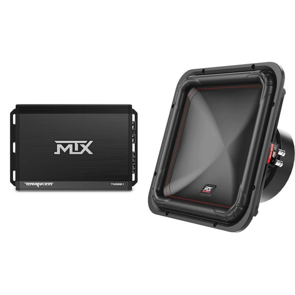 MTX TERMINATOR 500-Watt RMS 2 Mono Block Class D Amplifier and MTX Audio S6512-44 S65-Series Square 12" 500W RMS Dual 4-Ohm Subwoofer