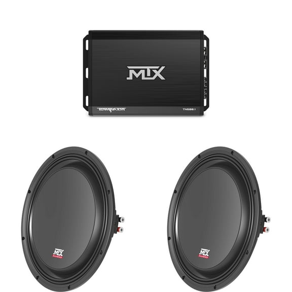 MTX TERMINATOR 500-Watt RMS 2 Mono Block Class D Amplifier and Two MTX Audio 3512-04S 35-Series 12" 300W RMS 4-Ohm Shallow Mount Subwoofer