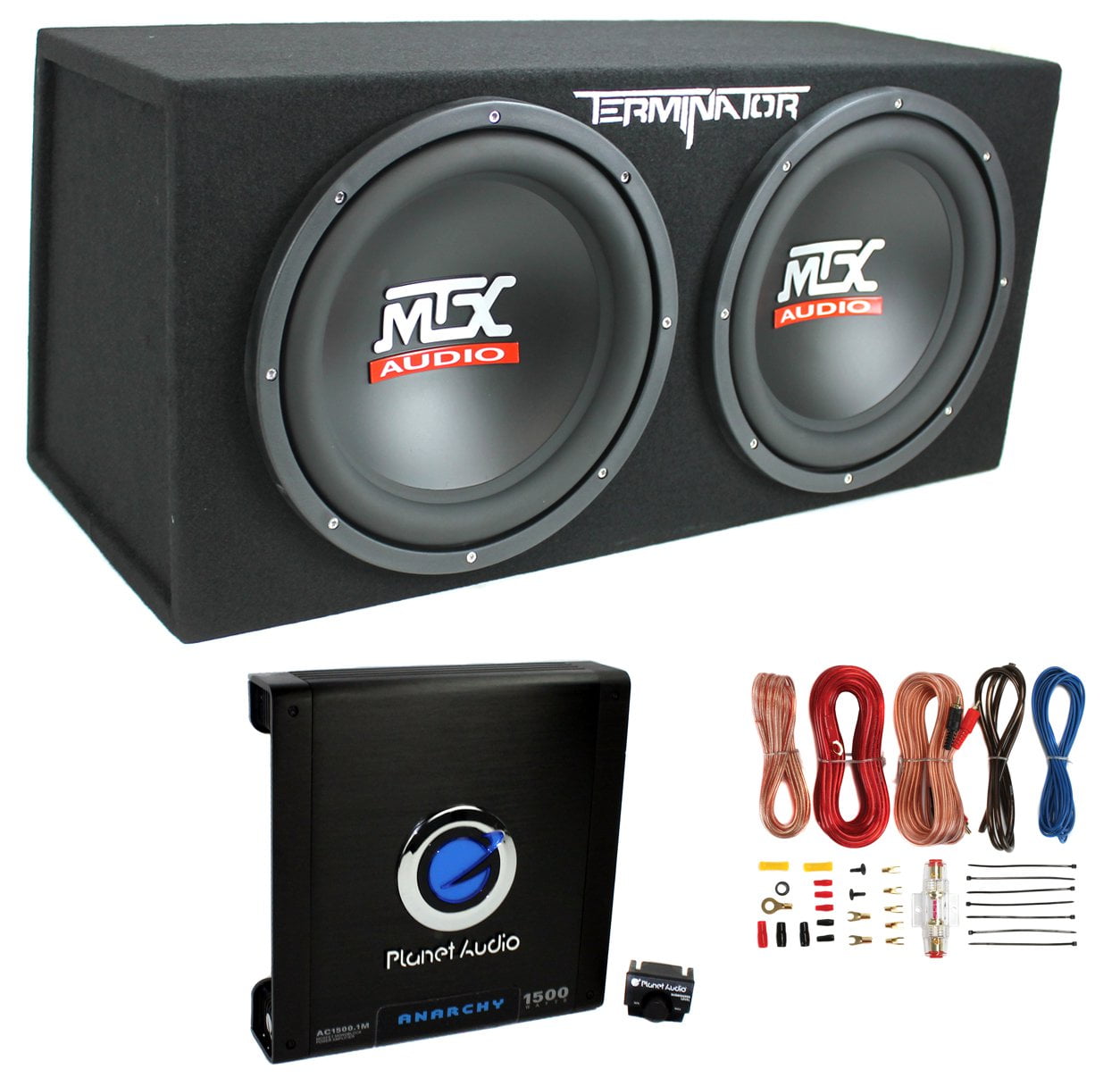 MTX Dual 12" 1000W Subwoofer Enclosure w/ 1500W Amp & 8GA Wiring Kit, Black