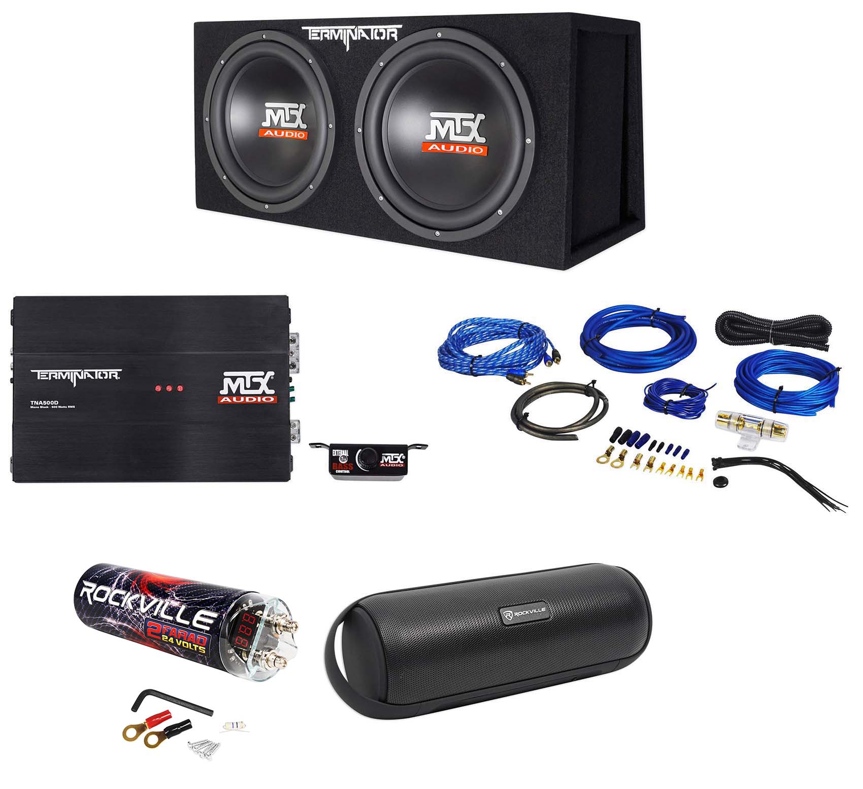 MTX Terminator TNP212DV Dual 12” Subwoofers+Box+Amplifier+Kit+Capacitor+Speaker - image 1 of 12