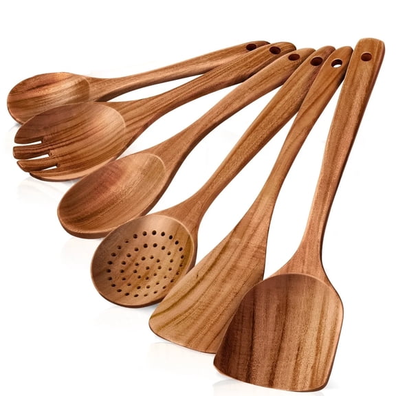 MTYIQS Kitchen 6-Piece Wooden Cooking Spoons Set Heat-Resistant, Smooth Teak