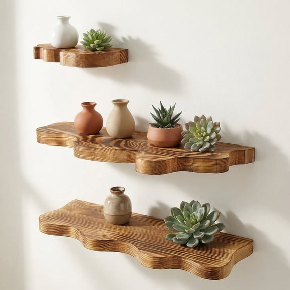 MTYIQS Set of 3 Live Edge Wooden Floating Shelves, Farmhouse Vintage Wall Shelf Decor