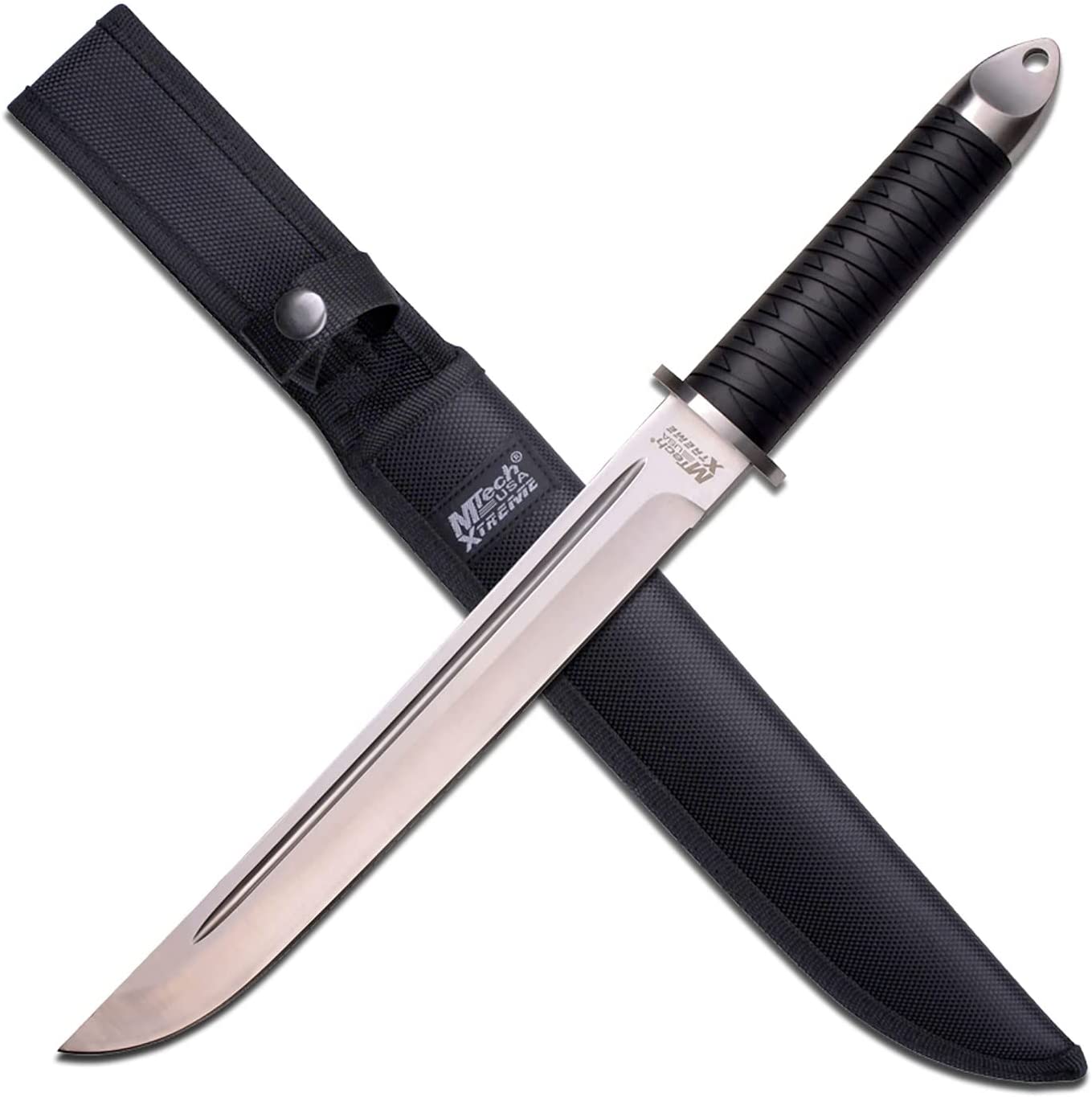 MTech Xtreme Fixed Blade Knife – Satin Stainless Steel w/ Blood Groove, Ergonomic Rubber Handle, Durable Nylon Sheath – Ideal for Hunting, Camping, Survival, EDC & Tactical Use