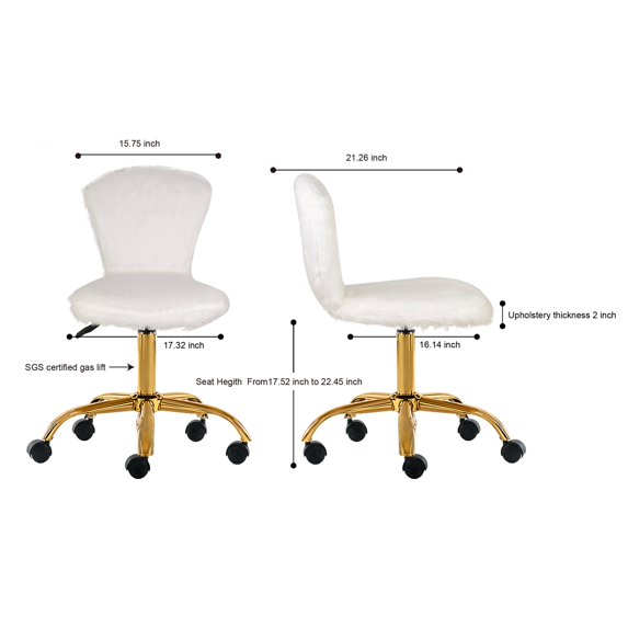 MU09-WHITE_1_OS Fakefur Makeup/Vanity Chair Golden Leg - Mid-Back Dressing Chair - Adjustable and Swivel Desk Chair Gliders, Desk Chairs White Urban,