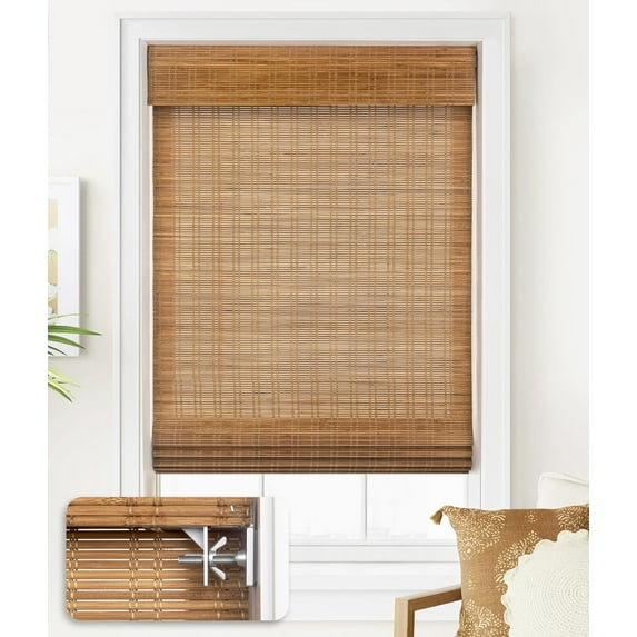 LazBlinds No Tools No Drill Cordless Bamboo Roman Shades, Light Filtering Window Treatment, Roll Up Bamboo Blinds for Window 34'' W x 64'' H, Ceylon Light Russet