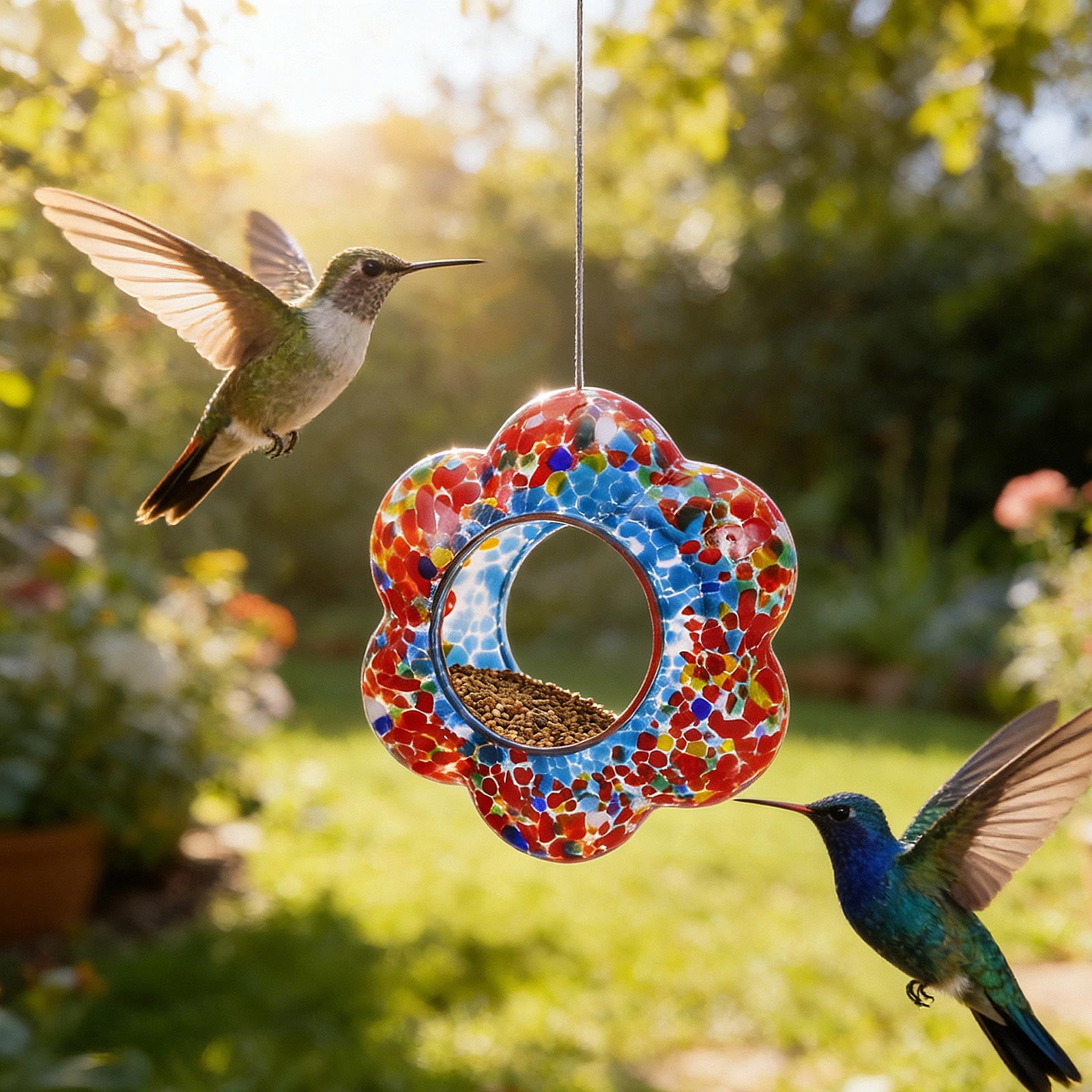 MUAXDA Hanging Flower-Shaped Stained Glass Hummingbird Feeder, Hand-Painted Glass Design, Outdoor Garden Feeding Station