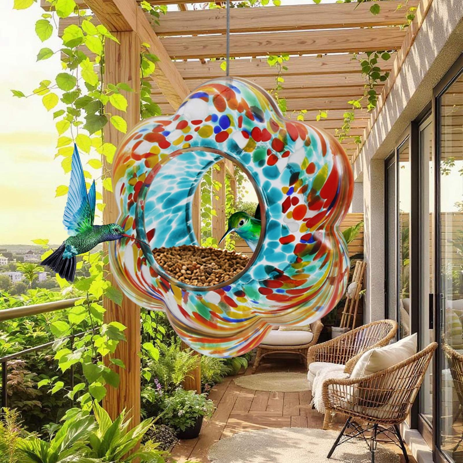 MUAXDA Hanging Flower-Shaped Stained Glass Hummingbird Feeder, Hand-Painted Glass Design, Outdoor Garden Feeding Station