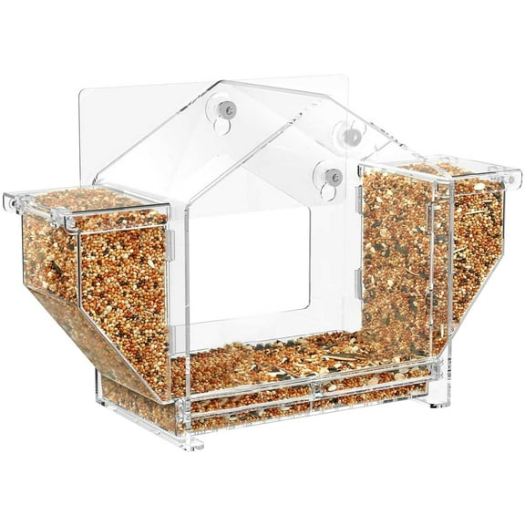 MUAXDA Window Bird Feeder with Strong Suction Cup and Self-Adhesive, Clear Birdfeeder for Window Larger Viewing, Squirrel-Proof Bird Watching with Food Storage Design for Outdoors