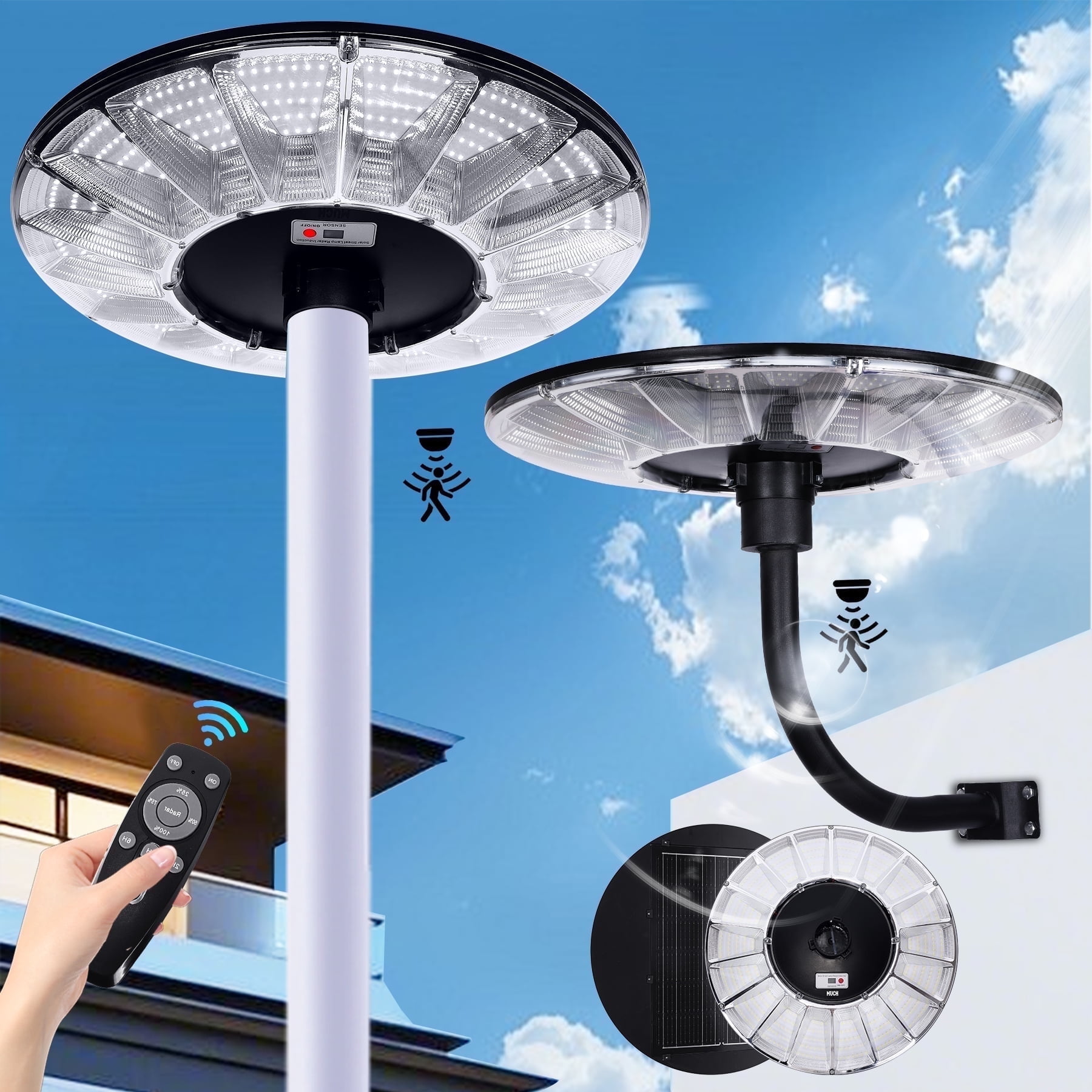 MUCH 10000W Extra Large Solar Light Post Light, 360° Round Solar Street Light Outdoor Waterproof Montion Sensing Dusk to Dawn Lamp with Remote and Pole for Garden, Patio,Road,Countr yard