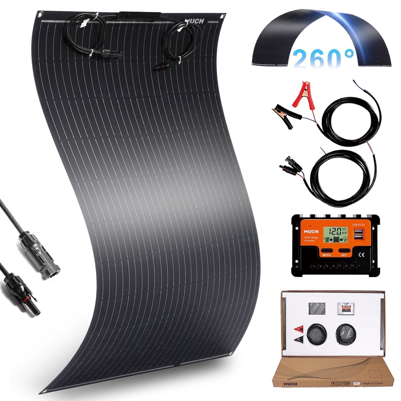 MUCH 100W 12V Solar Panel Kit Flexible Monocrystalline with 30A Charge Controller for RV Marine Off-Grid System, IP67 Waterproof