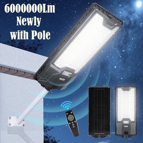 MUCH 1500W Commercial LED Solar Street Light Outdoor Dusk to Dawn Solar Super Bright 220° Montion Sensor Area Road Lamp with Remote and Mounting Pole