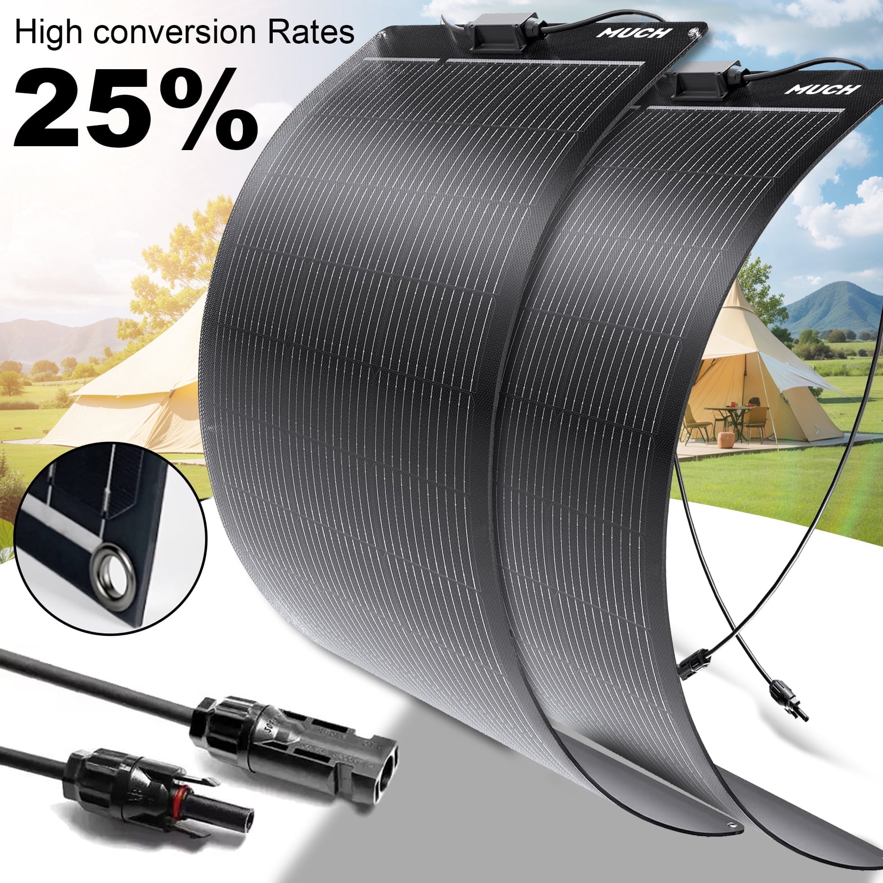 MUCH 200 Watt 12 Volt Monocrystalline Flexible Solar Panel, 10BB Portable Solar Panel Parallel Connector  for RV Camping Home Boat Marine Curve Surface