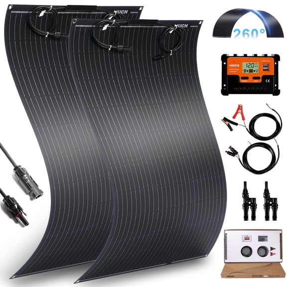MUCH 200W Semi-Flexible Solar Panels Kit Flexible Solar Panel with 30A PWM Charge Controller A+ Cell Cables Connectors Y Branch Adapter Cable for RV Boats Camper Marine Outdoor Off-Grid
