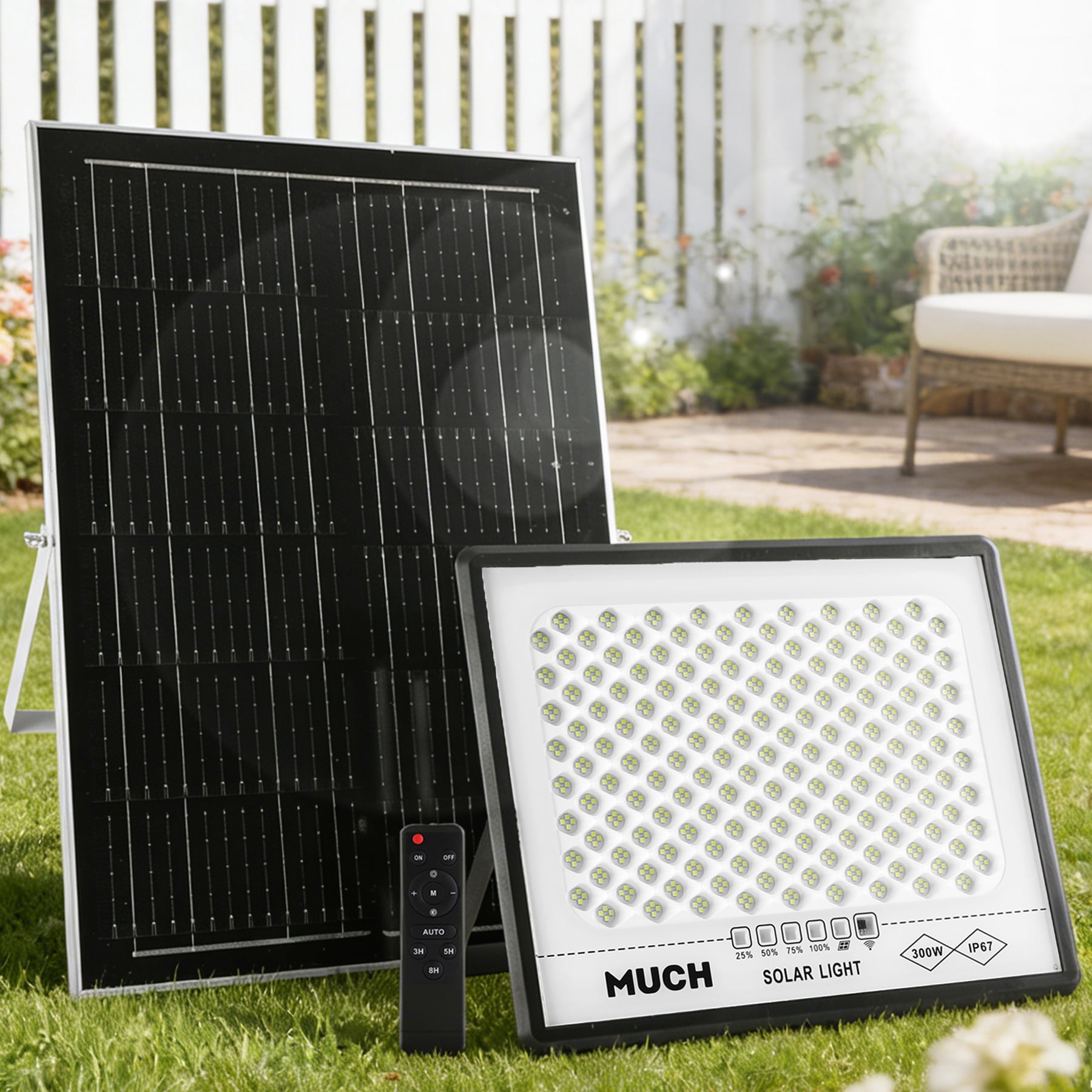 MUCH 300W LED Solar Flood Lights, 65000Lm 644 LED Outdoor Spot Lamp,IP67 Dusk to Dawn with Remote Control Security Lighting for Yard, Garden,Swimming Pool, Pathway, Basketball Court