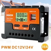 MUCH 30A PWM Solar Charge Controller 12V/24V Auto LCD, Dual USB Solar Panel Battery Intelligent Regulator for Solar Panels Compatible with Lithium, Lead-Acid, Gel Battery, 8-Terminal Design
