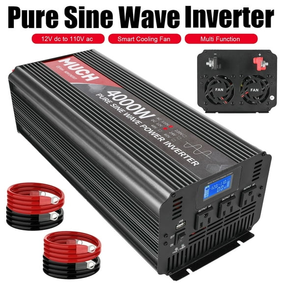 MUCH 4000 Watt Pure Sine Wave Power Inverter, Car/Home 12V DC to 110V 120V AC Converter, with LED Display, 3 AC Outlets, USB Port, Dual Smart Fans, Cables Included, Suitable for Home, RV