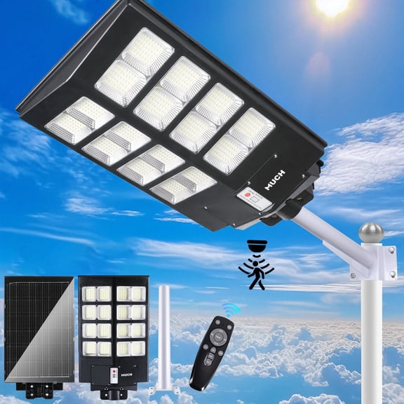 MUCH 5000W Solar Outdoor Lights, Solar Street Light with Motion Sensor and Remote Control, IP67, Dusk to Dawn Solar Street Light for Garden, Patio, Garage, Road, 800,000LM Spotlights