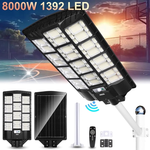 MUCH 9000W Solar Street Light Dusk to Dawn Outdoor Solar Parking Lot LED Security Flood Lights with Motion Sensor Remote Control Waterproof for Comercial Residential Barn