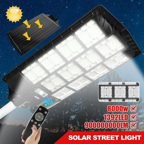 MUCH 8000W Solar Street Light Outdoor Waterproof with 1392 LEDs, 3 Modes & Remote 250 Coverage, 20H Runtime, IP67, Radar Sensor for Garden/Road/Yard