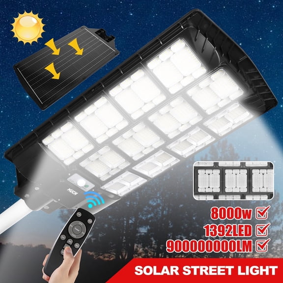 MUCH 8000W Solar Street Light Outdoor Waterproof with 1392 LEDs, 3 Modes & Remote 250 Coverage, 20H Runtime, IP67, Radar Sensor for Garden/Road/Yard