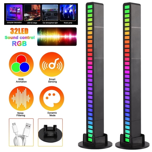 MUCH USB Powered Bar Light, Voice-Activated Pickup Music Rhythm Lights, 32 LED RGB Rechargeable Sound Control Light, Car,Gaming Room Atmosphere Light Strip-2 PACKS