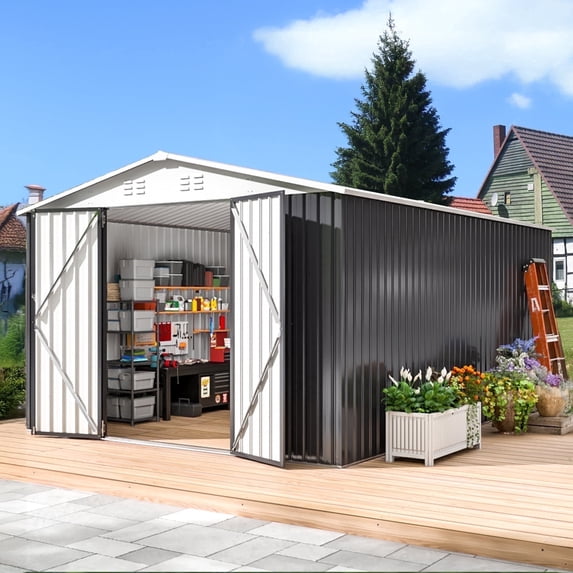 MUCHANT 10'x14' Outdoor Metal Storage Shed with Updated Frame Structure and Lockable Doors, Steel Garden Tool Sheds for Backyard, Patio, Lawn, White