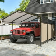 MUCHANT 10'x15' Outdoor Metal Carport, Heavy Duty Garage Galvanized Car Shelter with Enhanced Base and single side cloth for Pickup, Boat, Car and Tractors