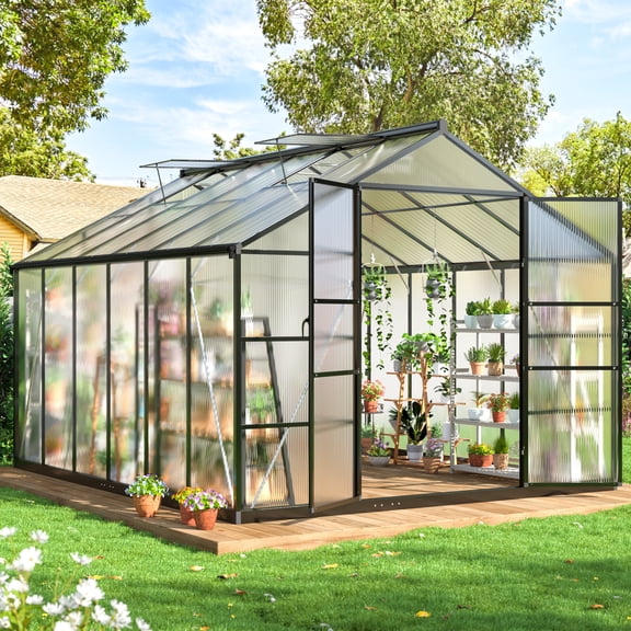 MUCHANT 10x12 FT Greenhouse for Outdoors, Walk-in Large Aluminum Frame Greenhouse with Quick Setup Structure and Roof Vent for Garden Backyard, Black