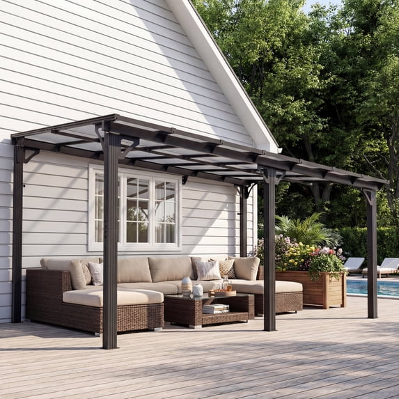 MUCHANT 10x14 FT Gazebo, Wall Mounted Gazebo Awnings with Polycarbonate Roof on Clearance, Patio Covers for Shade and Rain, Lean to Gazebo Hardtop Pergolas for Patios, Decks, Backyard