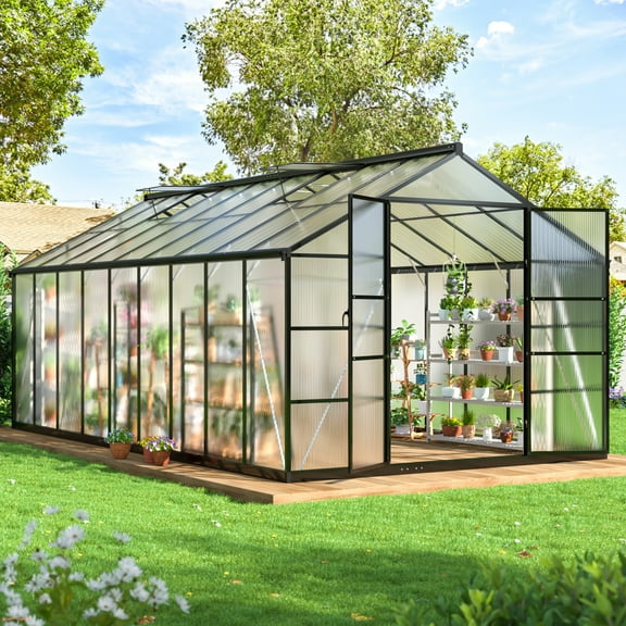 MUCHANT 10x18 FT Greenhouse for Outdoors, Walk-in Large Aluminum Frame Greenhouse with Quick Setup Structure and Roof Vent for Garden Backyard, Black