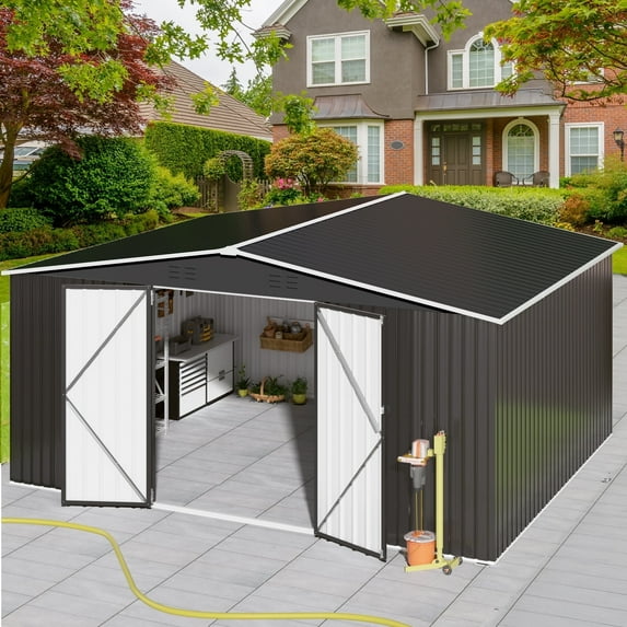 MUCHANT 12'x14' Outdoor Metal Storage Shed with Updated Frame Structure and Lockable Doors, Steel Garden Tool Sheds for Backyard, Patio, Lawn, Black