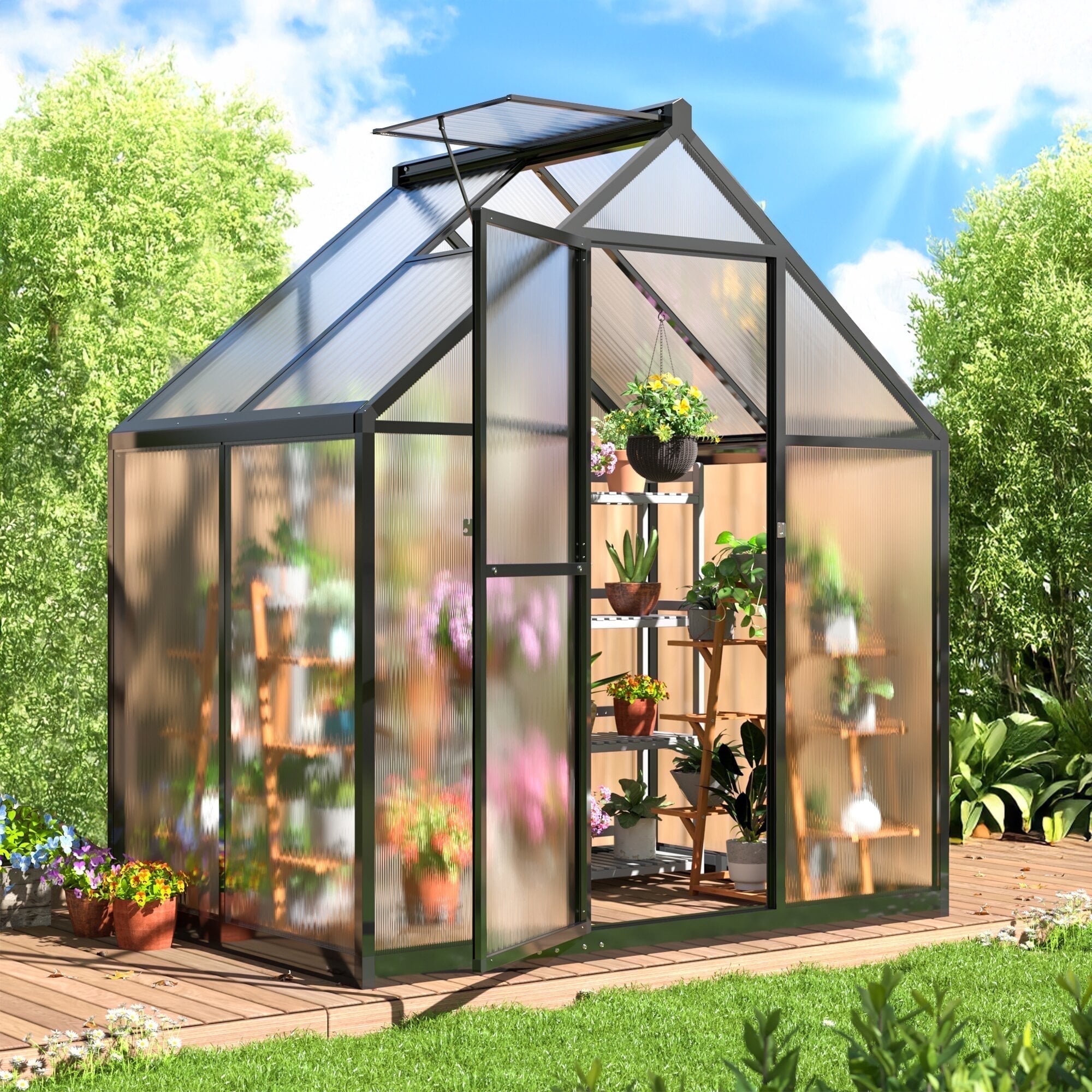 MUCHANT 4x6 FT Greenhouse for Outdoors, Walk-in Large Aluminum Frame Greenhouse with Quick Setup Structure and Roof Vent for Garden Backyard, Black