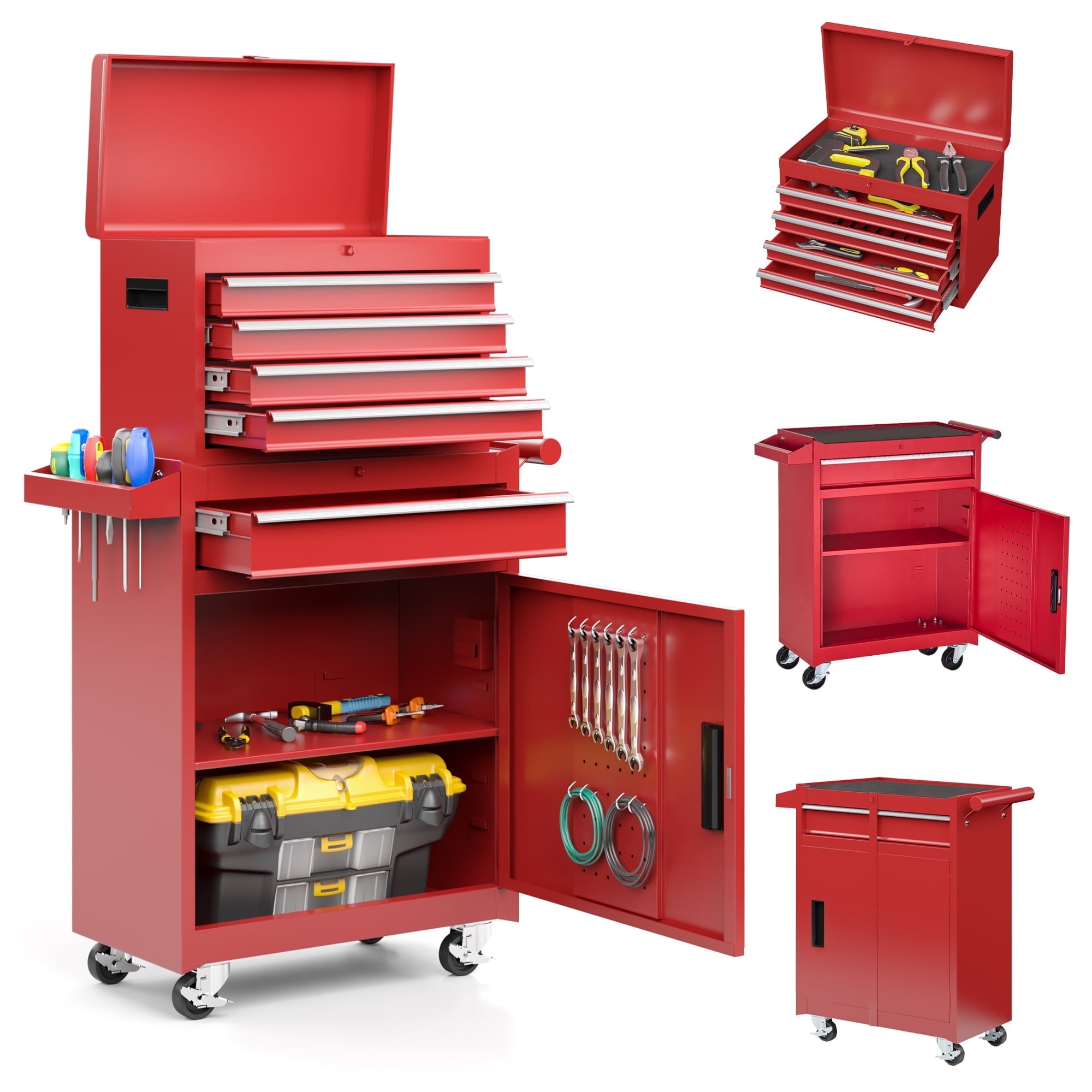 MUCHANT 5-Drawer Rolling Tool Chest, 2-in-1 Tool Box& Cabinet with Wheels, Drawers and Removable Top Tool Box for Garage, Warehouse, Workshop, Repair Shop, Red