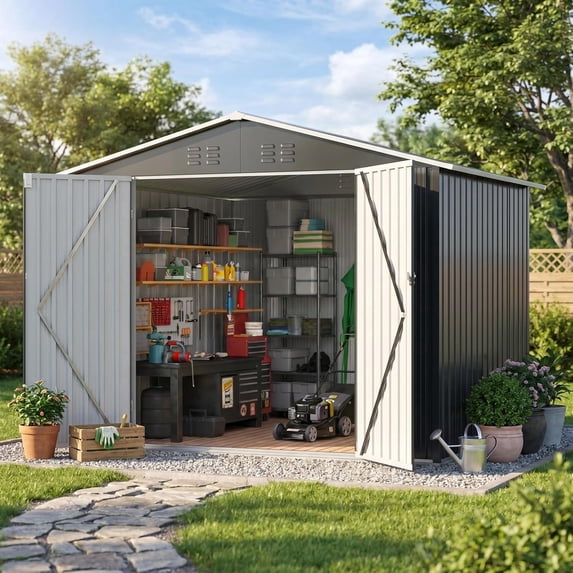 MUCHANT 6'x8' Outdoor Metal Storage Shed with Updated Frame Structure and Lockable Doors, Steel Garden Tool Sheds for Backyard, Patio, Lawn, White