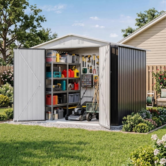 MUCHANT 6'x8' Outdoor Metal Storage Shed with Updated Frame Structure and Lockable Doors, Steel Garden Tool Sheds for Backyard, Patio, Lawn, White