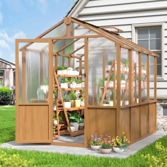 MUCHANT 6x8 FT Wooden Greenhouse for Outdoors, Walk-in Large Green House with Quick Setup Structure and Roof Vent for Garden Backyard