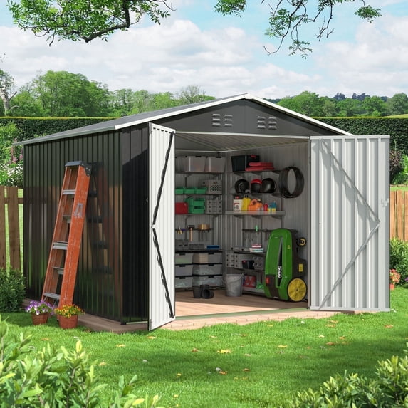 MUCHANT 7.4'x7.4' Outdoor Metal Storage Shed with Updated Frame Structure and Lockable Doors, Steel Garden Tool Sheds for Backyard, Patio, Lawn, Gray
