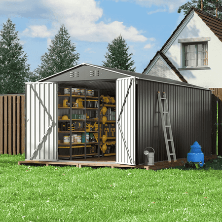 MUCHANT 8'x12' Outdoor Metal Storage Shed with Updated Frame Structure and Lockable Doors, Steel Garden Tool Sheds for Backyard, Patio, Lawn, Gray