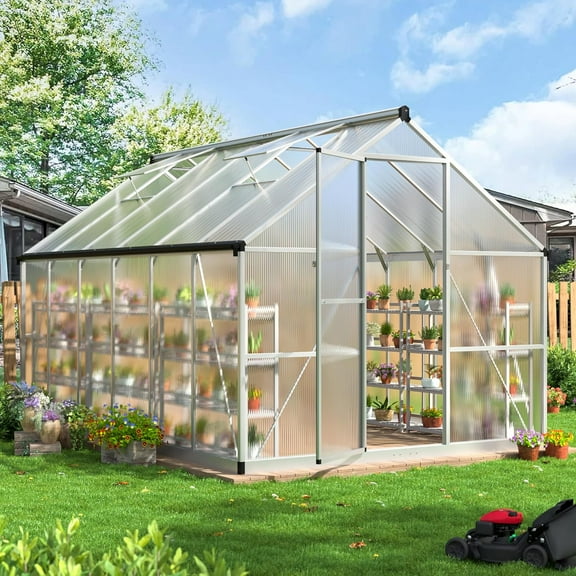 MUCHANT 8x12 FT Greenhouse for Outdoors, Walk-in Large Aluminum Frame Greenhouse with Quick Setup Structure and Roof Vent for Garden Backyard, Silver