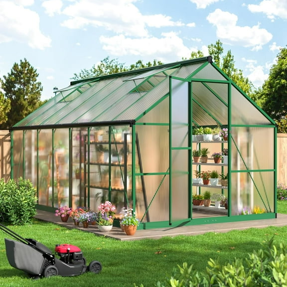 MUCHANT 8x14 FT Greenhouse for Outdoors, Walk-in Large Aluminum Frame Greenhouse with Quick Setup Structure and Roof Vent for Garden Backyard, Green