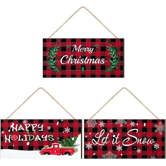MUCHENGGIFT 3 Pieces Christmas Wood Hanging Sign Ornament with Rope Merry Christmas Let It Snow Happy Holidays Wall Decor Rustic Indoor Outdoor Horizontal Sign for Home Classroom
