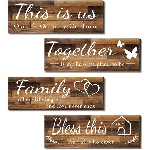 MUCHENGGIFT 4 Pieces Home Wall Decor Signs, THIS IS US/ TOGETHER/ BLESS THIS HOME/ FAMILY Wall Decor For Living Room Bedroom, Rustic Wooden Farmhouse Wall Art Decor, 4.7 x 13.8 Inch(White)