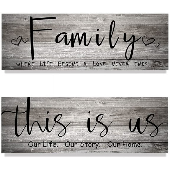 MUCHENGGIFT Family Signs and This Is Us Wall Decor, 2 Pieces Rustic Farmhouse Wooden Sign Hanging Decoration for Living Room Bedroom (Gray,4.7 x 13.7 IN)