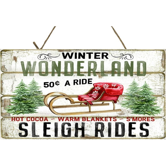 MUCHENGGIFT Farmhouse Christmas Decor Hanging Wood Wall Sign (Winter Wonderland Sleigh Rides)