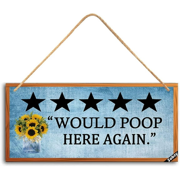 MUCHENGGIFT Five Stars Would Poop Here Again Bathroom Sign - Farmhouse Bathroom Wall Decor, Funny Poop Sign for Bathroom Decor Wall Art, 5.9x11.8inch