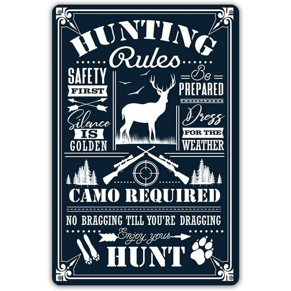 MUCHENGGIFT Funny Hunting Rules Metal Tin Sign Wall Decor Safety First Silence is Golden Retro Sign for Home Decor Gifts