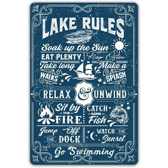 MUCHENGGIFT Funny Lake Rules Soak up the Sun Metal Tin Sign Wall Decor Retro Lake House Sign for Home Decor Gifts
