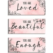 MUCHENGGIFT Pink Wall Decor for Girls 3 Pieces Inspirational Quotes Wall Art Thick Wooden Wall Hanging Bathroom Bedroom Decor - You Are Loved Signs Wall Decor, 4x10x0.3 Inch