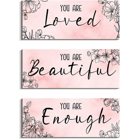 MUCHENGGIFT Pink Wall Decor for Girls 3 Pieces Inspirational Quotes Wall Art Thick Wooden Wall Hanging Bathroom Bedroom Decor - You Are Loved Signs Wall Decor, 4x10x0.3 Inch